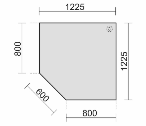 Gera Eckiges Verkettungselement Pro 90° für C-Fußgestell, Breite x Tiefe 1225 x 1225 mm, Platte Nussbaum Technische Zeichnung 1 L