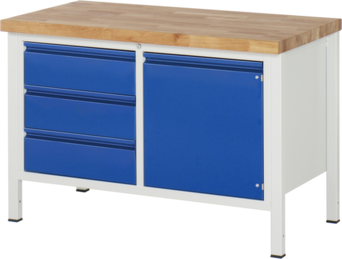 RAU höhenverstellbare Werkbank Serie 8000 mit Bucheplatte, 3 Schubladen, 1 Schrank, 1 Ablageboden, RAL7035 Lichtgrau/RAL5010 Enzianblau