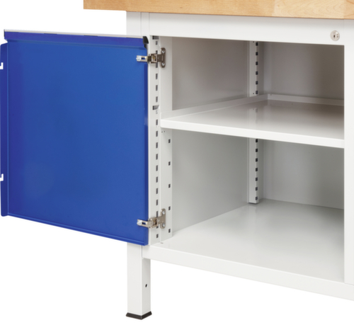 RAU Höhenverstellbare Werkbank Serie 8000, 1 Schublade, 1 Schrank, 2 Ablageböden, RAL7035 Lichtgrau/RAL5010 Enzianblau Detail 4 L