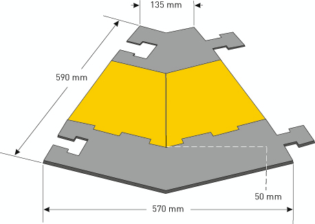 Moravia Winkelstück MORION für breite Kabelbrücke, Breite 590 mm, gelb/schwarz Technische Zeichnung 1 L