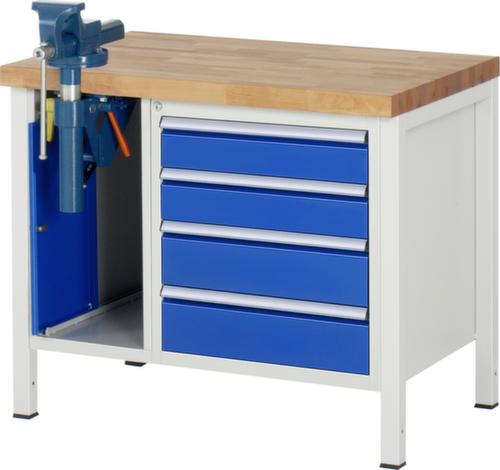 RAU Höhenverstellbare Werkbank Serie 8000 mit Schraubstock, 4 Schubladen, 1 Schrank, 1 Schraubstock, RAL7035 Lichtgrau/RAL5010 Enzianblau